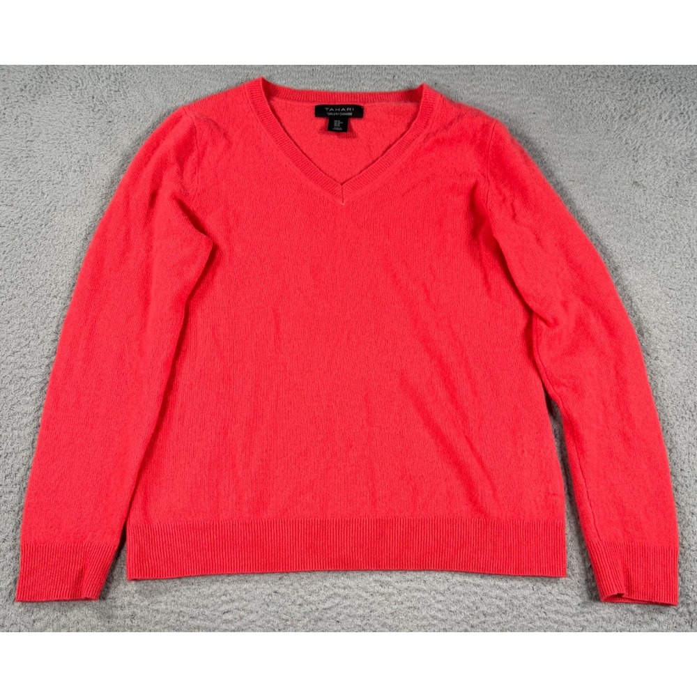 Tahari Sweater Women's Medium Red 2-Ply Cashmere Knit V-Neck Preppy Academia